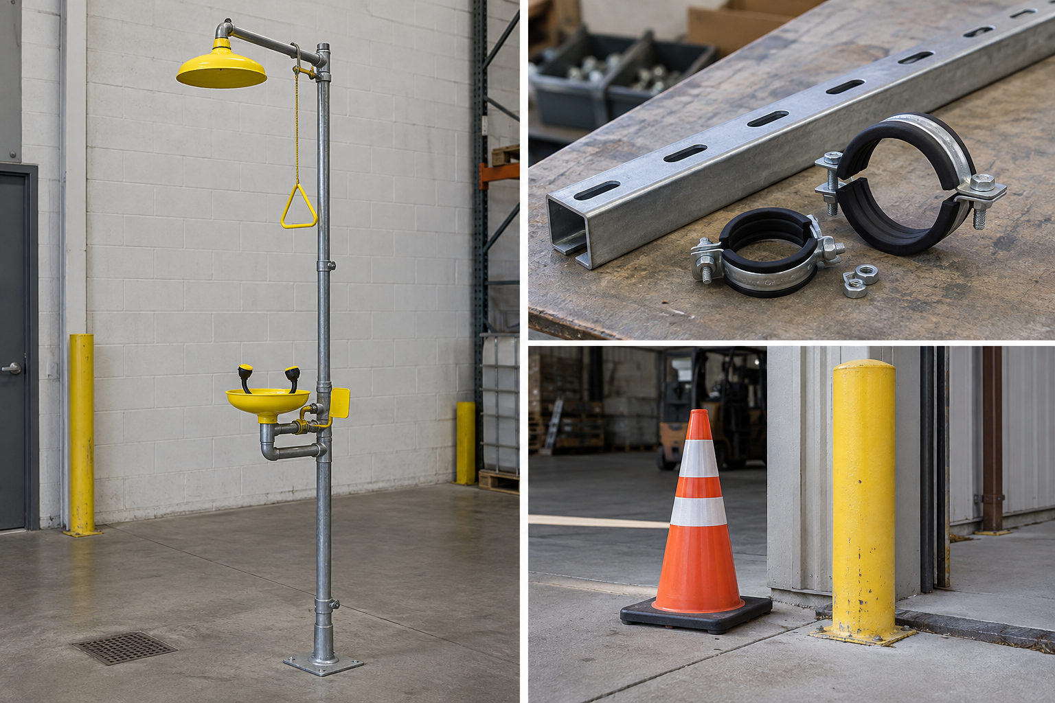 Illustrative collage of emergency wash equipment, pipe supports and site safety equipment