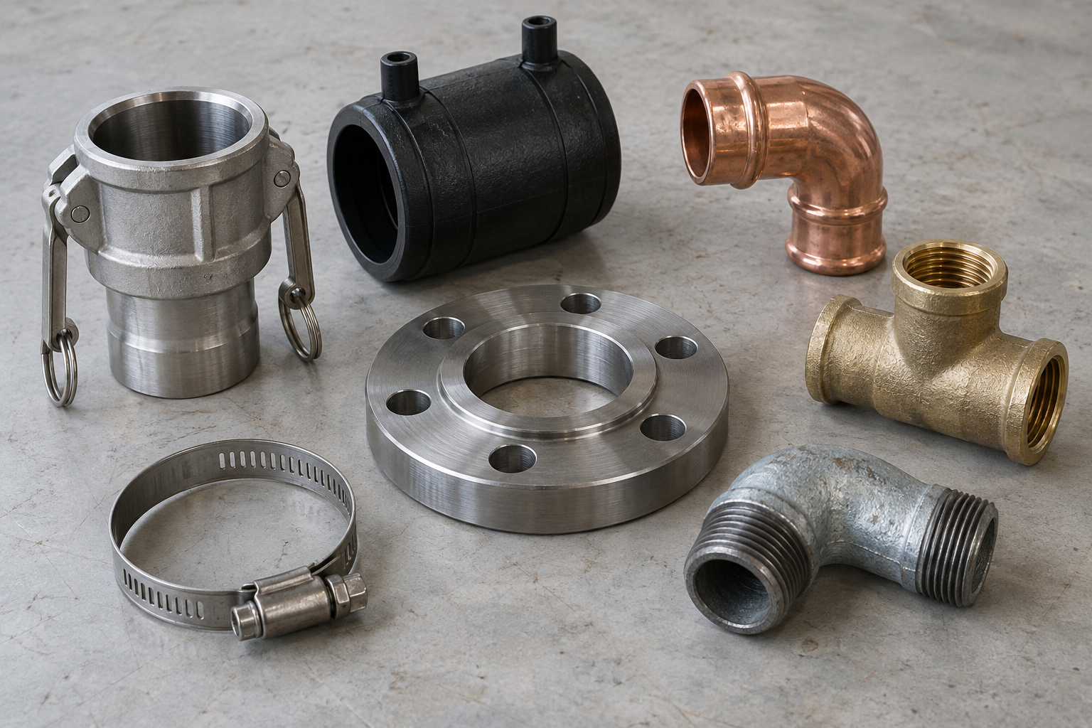 Illustration of representative metal and plastic fittings arranged on a workbench