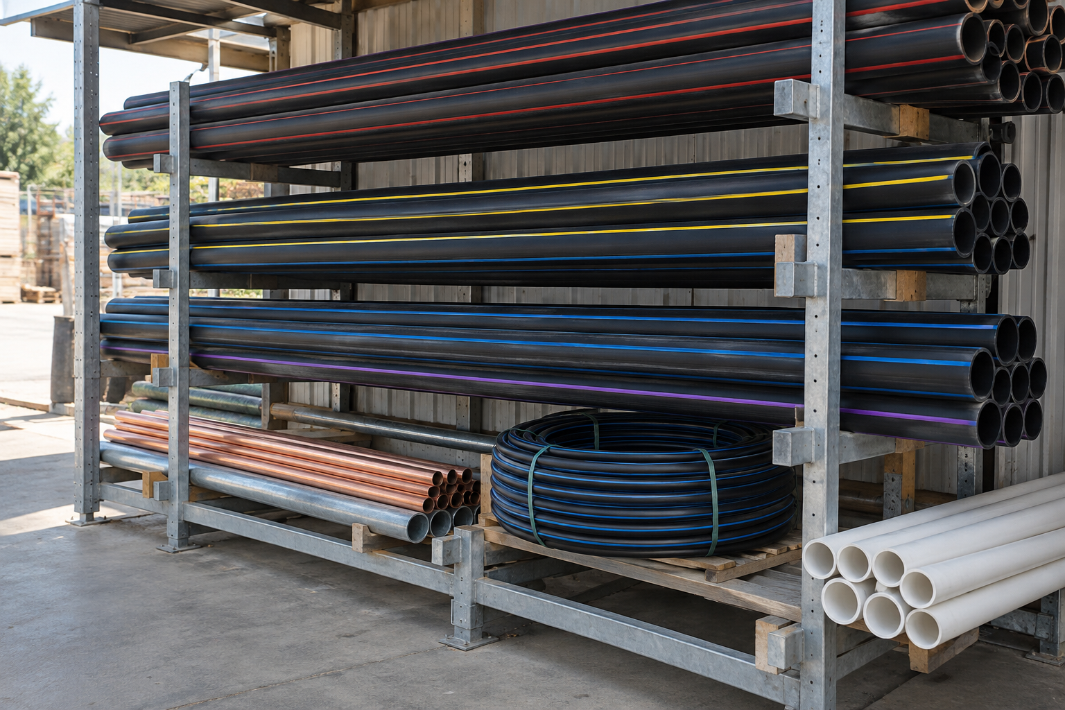 Illustration of straight striped HDPE and metal pipe on warehouse storage racks, with a small round-tube coil