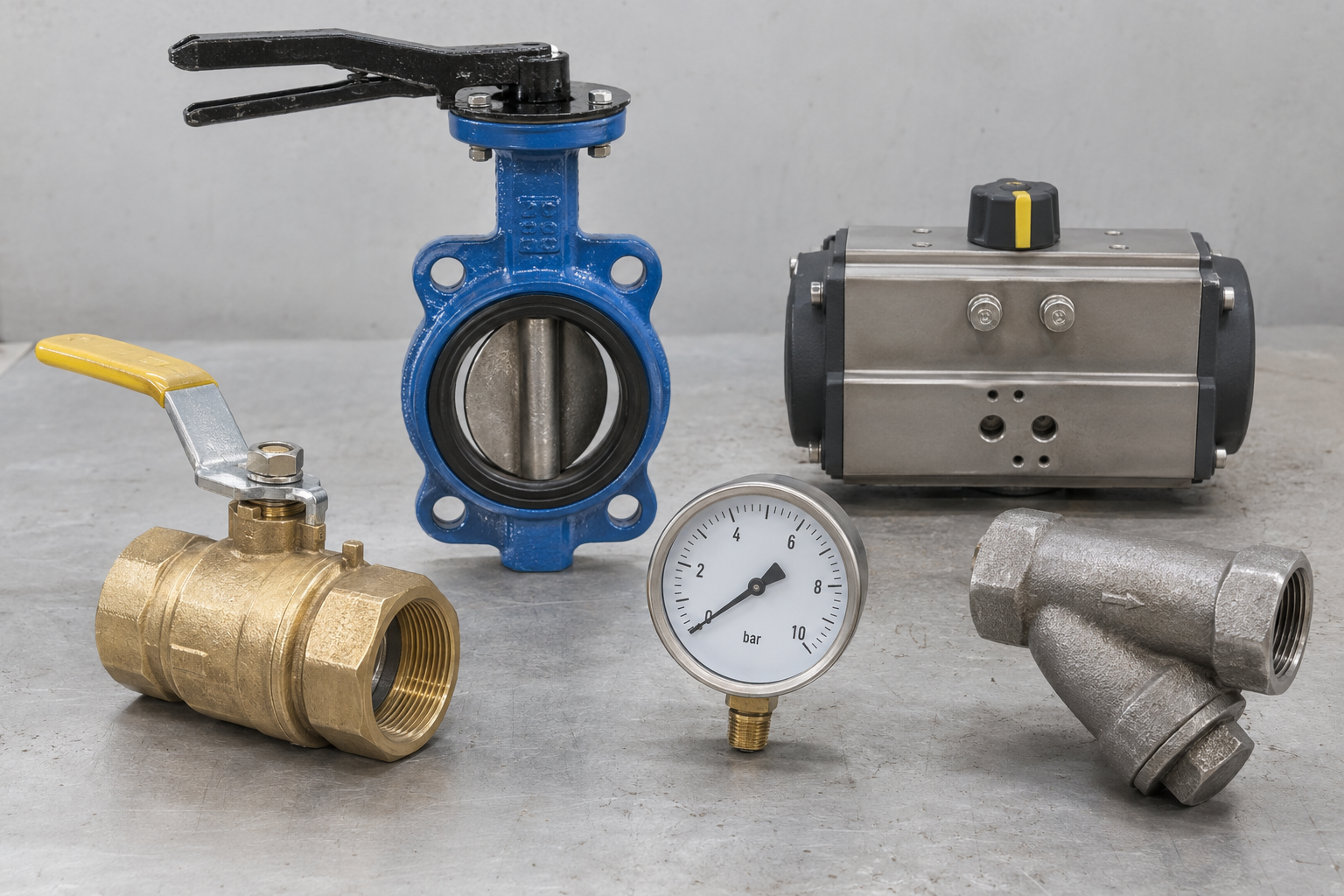 Illustration of a valve, actuator and pressure-gauge selection on a workbench