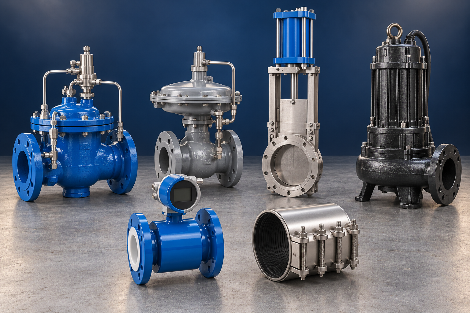 Representative specialist equipment: water pressure-control valve, gas regulator, actuated knife-gate valve, submersible sewage pump, electromagnetic flowmeter and stainless-steel pipe repair clamp